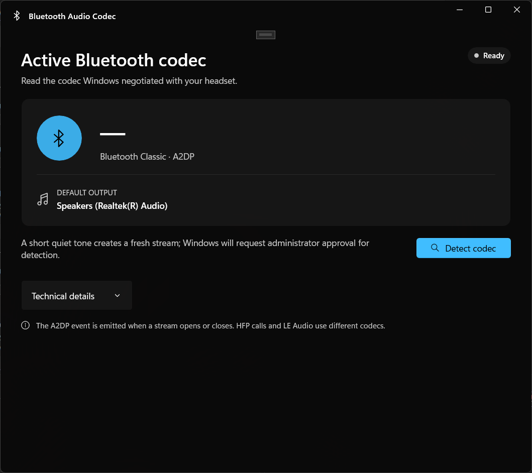 App ready state with status badge and detect button