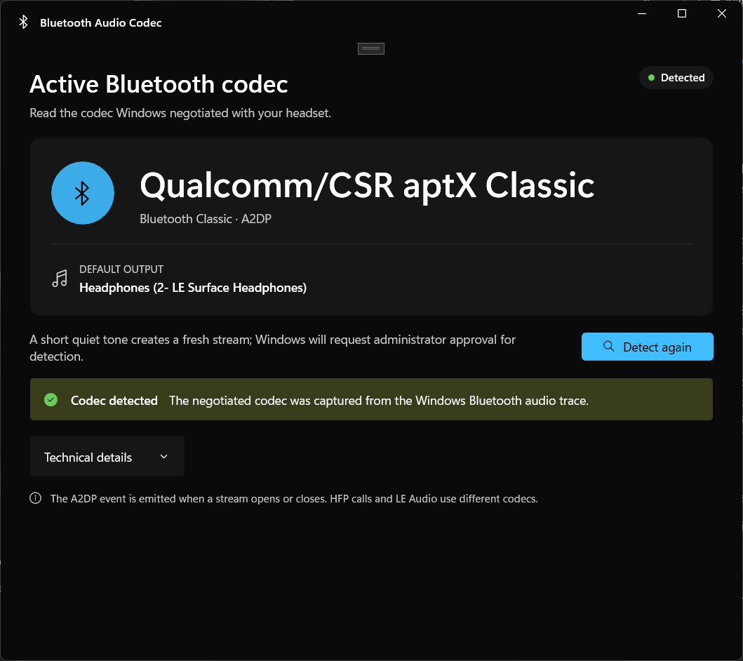 App showing a detected Bluetooth codec result